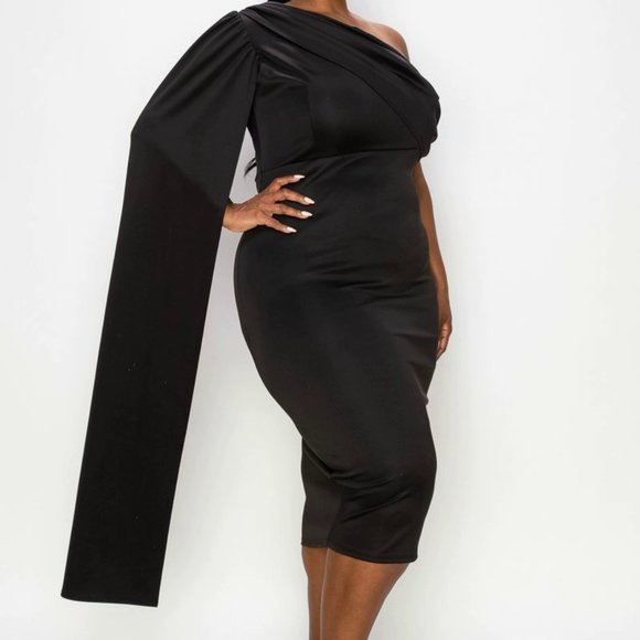 L I V D Plus Size Spade One Shoulder Cape Dress - Black